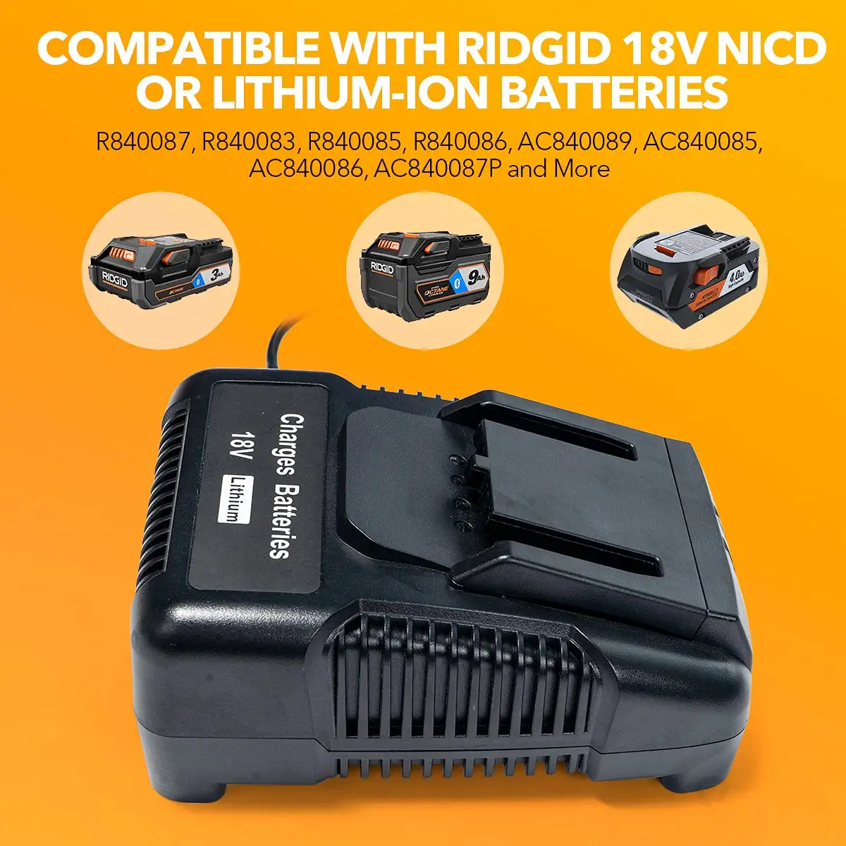 18V Replacement Battery Charger for Ridgid 18V Cordless Power Tools R840083 R840085 R840086 R840087 R840089 AC840085 AC840086 AC840087P AC840089