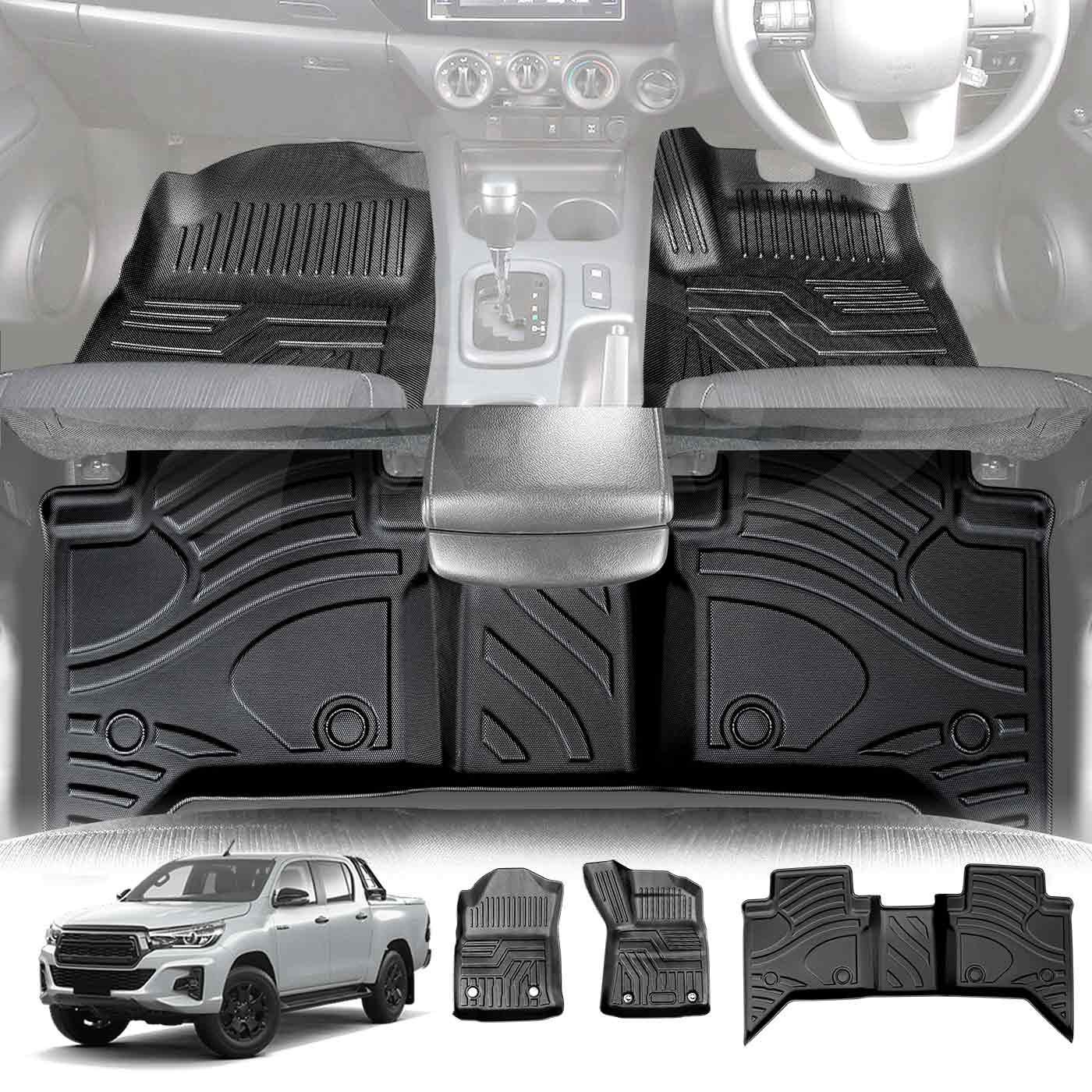 3D Floor Mats for Toyota Hilux Dual Cab Auto 2016-2025 Heavy Duty All Weather Car Mats Carpet Liner Set