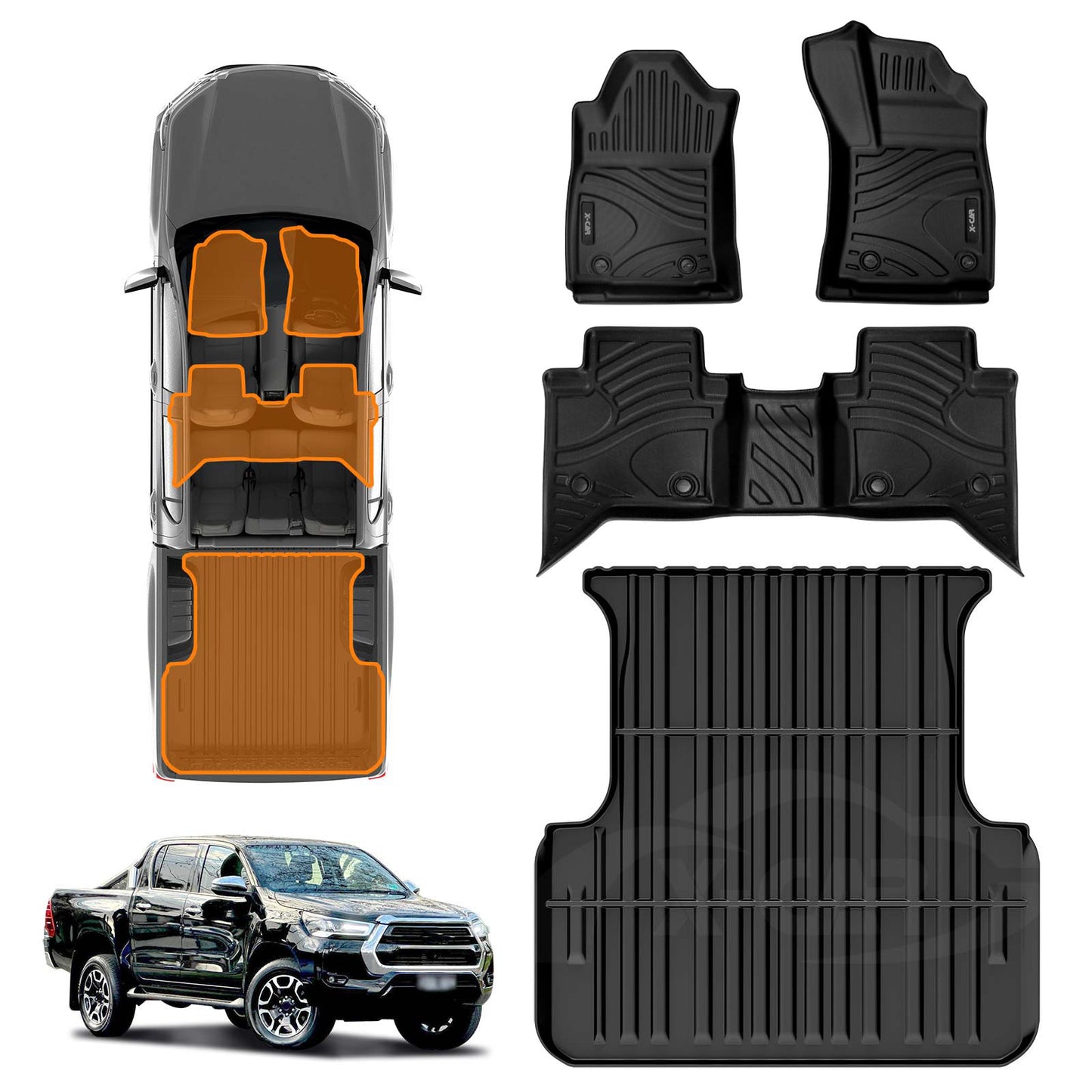 3D Floor Mats Tub Liner Set for Toyota Hilux Dual Cab Auto 2016-2025 A-Deck Heavy Duty All Weather Car Mats