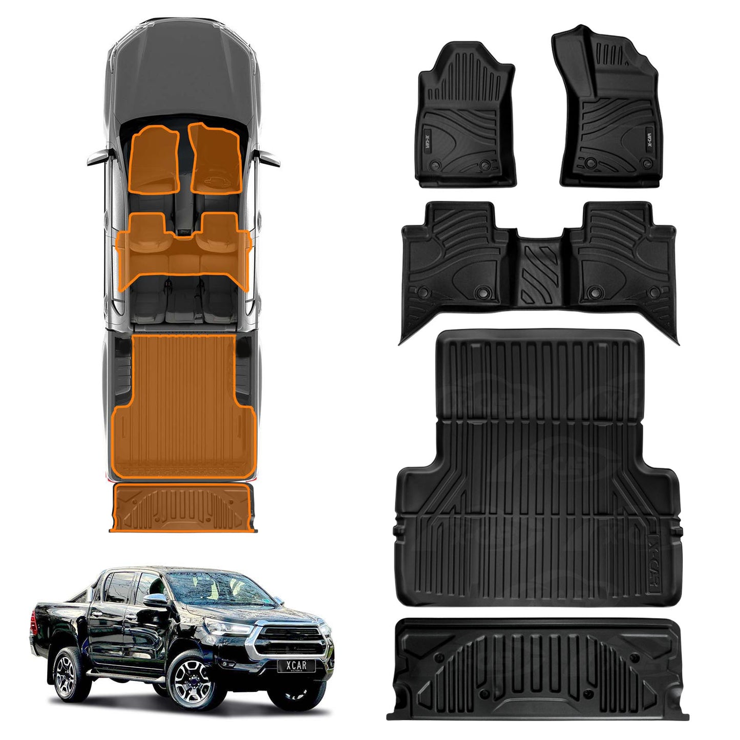 3D Floor Mats Tub Liner for Toyota Hilux Dual Cab 2016-2025 Plastic Tub A-Deck All Weather Heavy Duty Cargo Car Trunk Tailgate Ute Protector