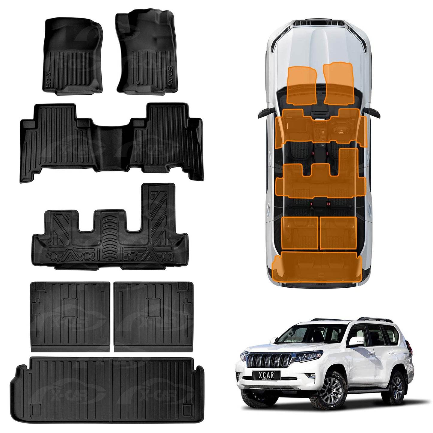 3D Floor Mats Boot Liners Set for Toyota Prado 150 Series 7 Seats 2009-2024 All Weather Heavy Duty Cargo Car Trunk Luggage Tray