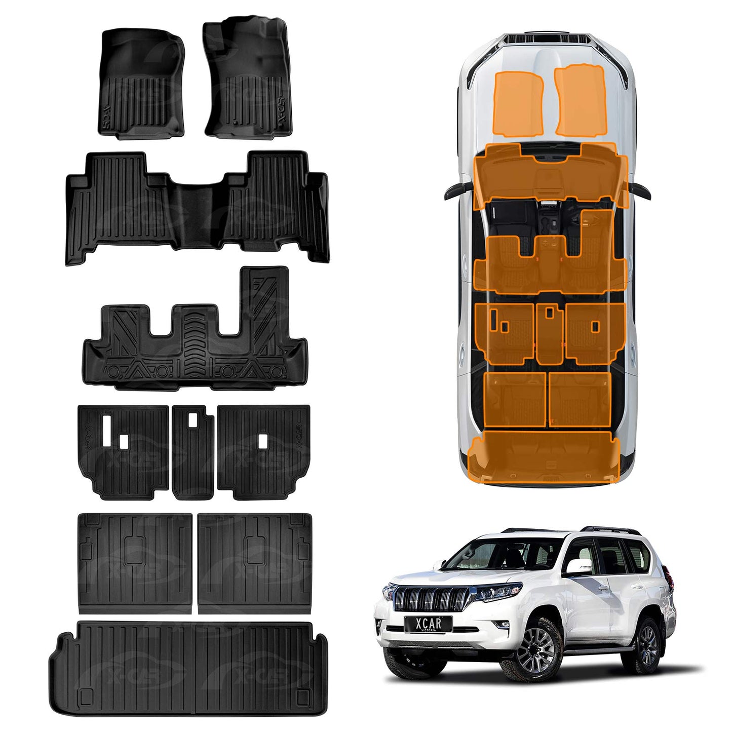 3D Floor Mats Boot Liner Set for Toyota Prado 150 Series 7-Seat 2009-2024 All Weather Heavy Duty Cargo Kick Back Seat Protector Cover