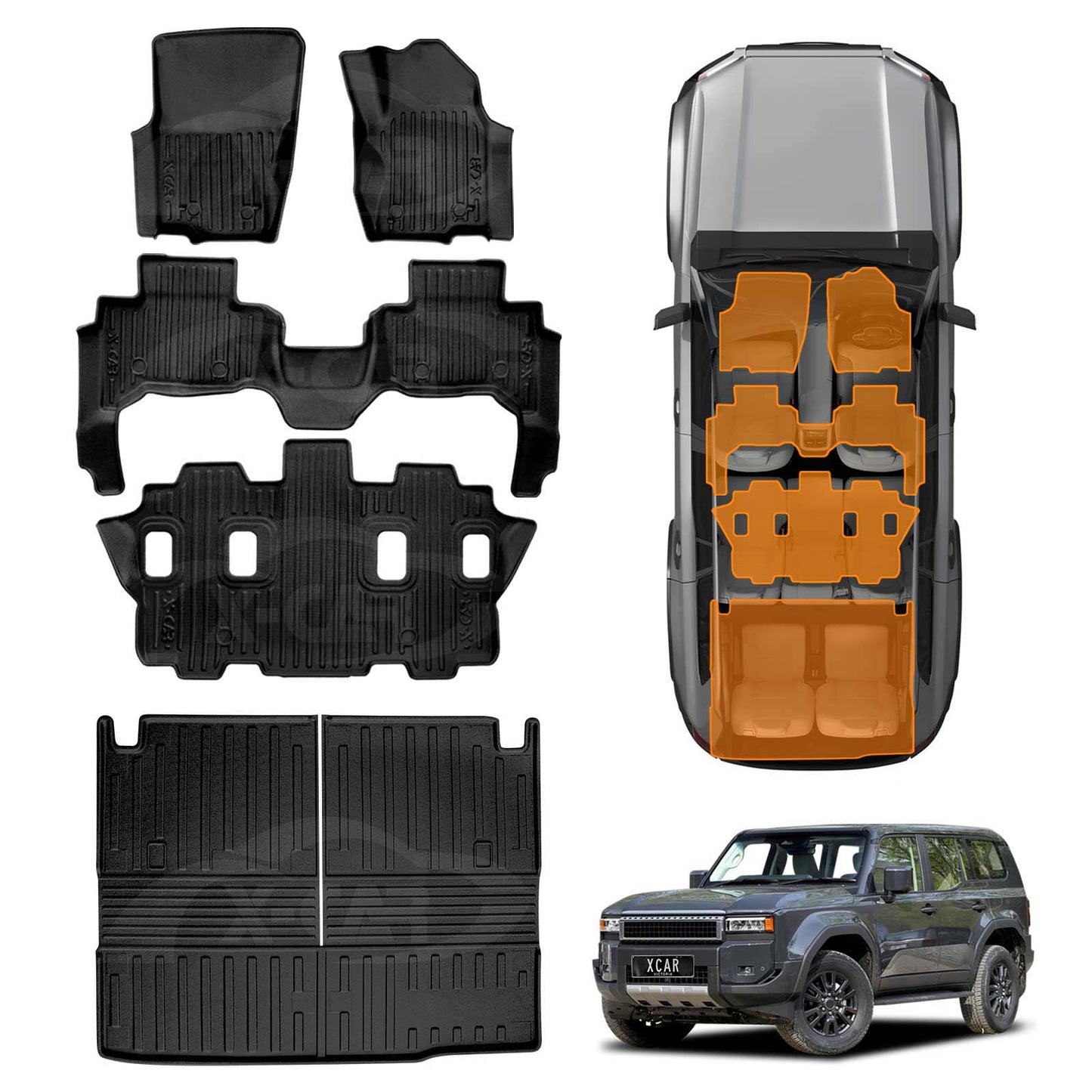 Floor Mats Boot Liner Set for Toyota Prado 250 Series 7-Seater 2024-2025 All Weather Heavy Duty Cargo Cover